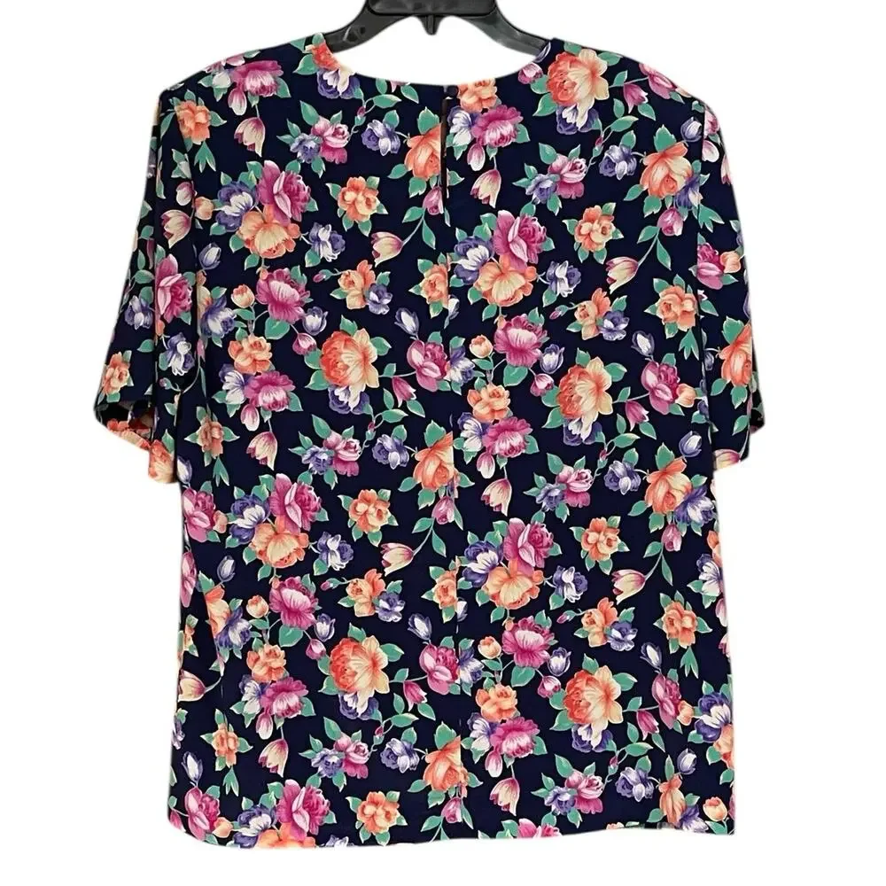 Susan Graver S.G. Sport Vintage Large Blue Floral Short Sleeve Top & Belt/Scarf
